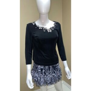 Chicos Travelers Black Cutout Floral Neckline Pullover Top Size 0 Whimsy Bodycon